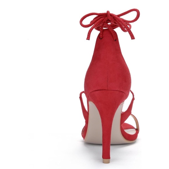 Red Stiletto Open Toe Heels With Strappy Tie Up Laces - Size 7 US - Picture 5 of 13